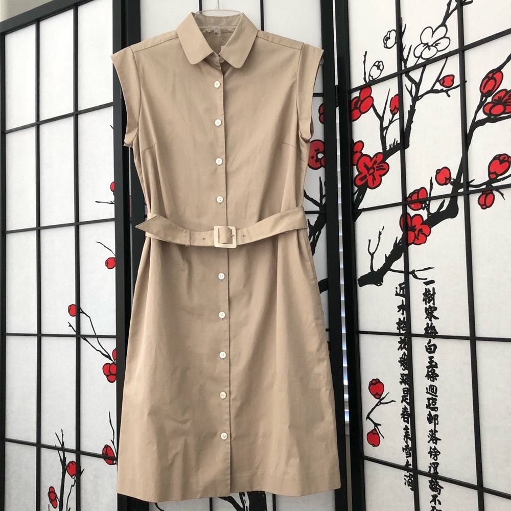 UNIQLO Sleeveless Collared Button A-Line Midi Dress 100% Cotton Beige M Japan